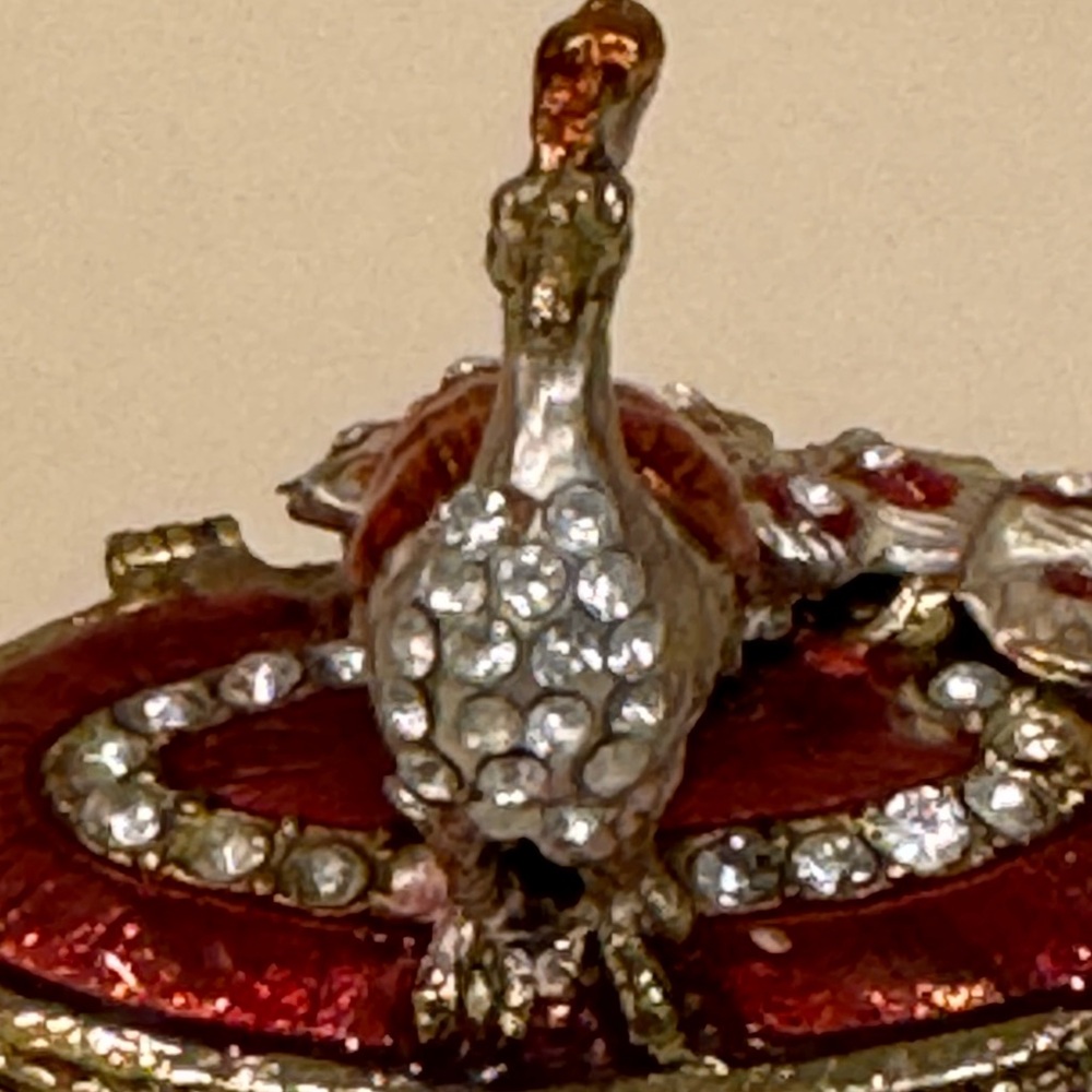 Jeweled Metal and Enamel Peacock Trinket Box With Magnetic Closure - Picture 6 of 11